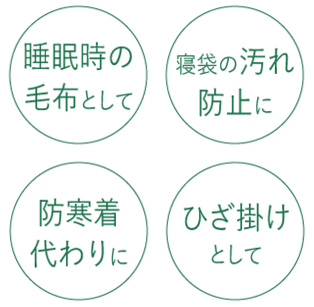 睡眠時の毛布として、寝袋の汚れ防止に、防寒着代わりに、ひざ掛けとして